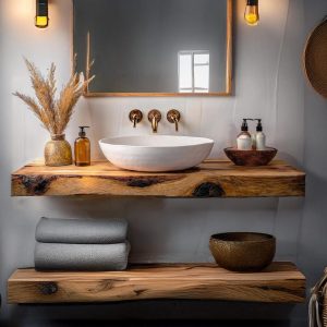 rustic handmade custom wooden double shelf floating bathroom vanity old style farmhouse decor sink table live edge reclaimed solid wood