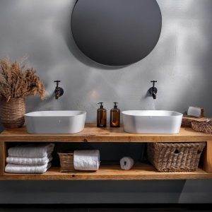 rustic handmade custom wooden double shelf floating bathroom vanity old style farmhouse decor sink table live edge reclaimed solid wood