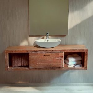 rustic handmade custom wooden double shelf floating bathroom vanity old style farmhouse decor sink table live edge reclaimed solid wood