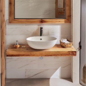 rustic handmade custom wooden floating bathroom vanity old style farmhouse decor sink table live edge reclaimed solid wood shelf countertop