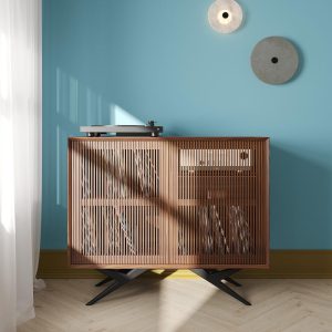 High Walnut Record Player Stand with vinyl storage in Mid Century Modern Style, Media Console, Turntable Stand
