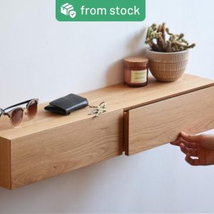 Floating entryway shelf with hidden drawers / narrow entryway table made of solid oak