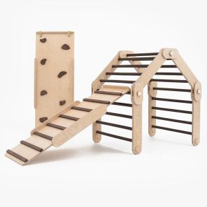 HAPPYMOON® DARKWOOD CLIMBER with two darkwood ramps, wooden gymnastic complex, transformable triangle, Montessori ramps, climbing Gym.