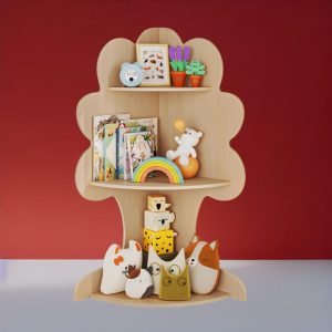 Kids Tree Bookshelf – Corner Wooden Bookcase Toy Organizer for Nursery, Toddlers & Kids Rooms (Natural Wood)