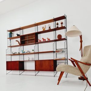 Wall-mounted original Swedish string shelf system, bookcase teak by Nils & Kajsa Strinning, 1960s