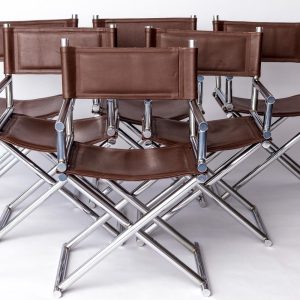Set of 6 Vintage Safari Folding Chairs – Chrome Frame – 1970s/80s Mid-Century Modern Style – Faux Leather – Cleaned & Polished