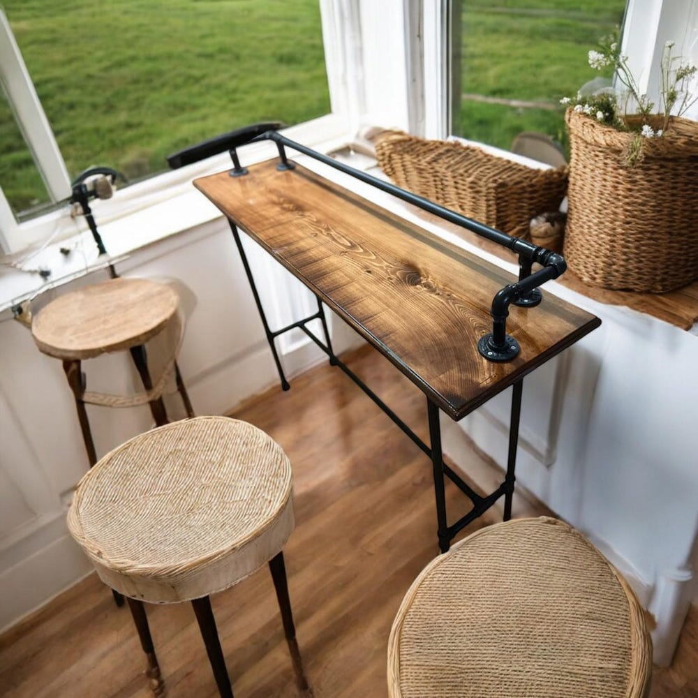 Drink Rail Sofa Wood Bar Table, Live Edge Walnut Bar Table, Home Theatre Entertainment Table, Reclaimed Wood Pub Table, Handmade Furniture - Image 3