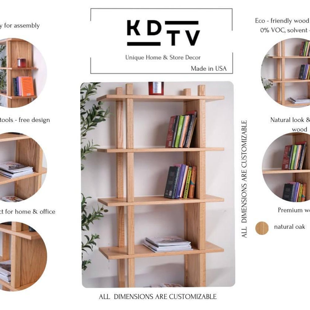 Natural oak bookshelf Unique tools - free bookcase Handmade custom furniture Office living romm bedroom organization Wooden display shelf - Image 2