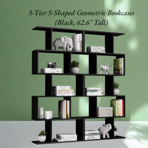 il_1000x1000.6774454006_96q8.jpg 5-Tier S-Shaped Geometric Bookcases (Black, 62.6" Tall) | Modern Room Divider & Display Shelves for Living Room, Office, Bedroom -Set of 2