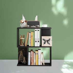 3-Tier Geometric S-Shaped Bookshelf – Compact Freestanding Open Bookcase for Living Room, Office, or Small Spaces (Black)
