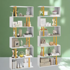 il_1000x1000.6774592874_chnu.jpg 6-Tier S-Shaped Geometric Bookcase – 74.5" Modern Freestanding Bookshelf with Gold Metal Frame & Anti-Tipping Kits set of 2