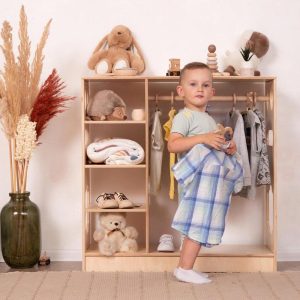 Open wooden Wardrobe for Kids by Woodandhearts, Montessori wardrobe, Wooden organizer