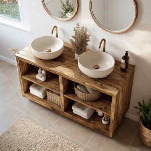 Farmhouse Double Sink Vanity with Shelves, Reclaimed Rustic Wood, Handmade Bathroom Vanity Cabinet, Farmhouse Style, Bathroom Storage Shelf