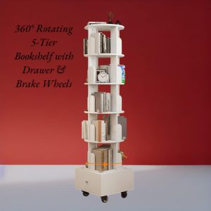 360 Rotating 5-Tier Bookshelf with Drawer & Brake Wheels – Freestanding Wooden Bookcase for Small Spaces (Modern Matte Finish)