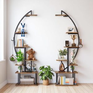 Tall LED Bookshelf (Set of 2) 7-Tier Arched Ladder Bookcase with Grow Lights | Modern Rustic Display Shelves for Bedroom, Living Room,Office