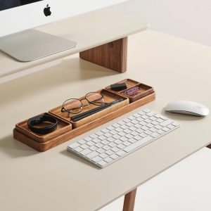 Rustic Wooden Desk Organizer Set with Tray – Office Decor Gift for Men Women, Minimalist Home Office Accessories- Office Gift