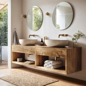Reclaimed Wood Rustic Bathroom Floating Vanity with Drawers, Handmade Farmhouse Double Sink Vanity with Drawers for Rustic Bathrooms