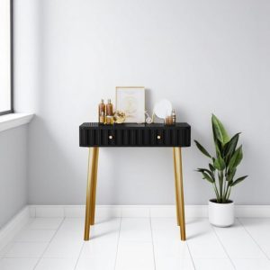 Makeup Vanity Desk – Glossy Black Dressing Table with 2 Drawers & Water Ripple Design – Elegant Vanity for Bedroom, Studio, or Small Spaces