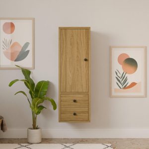 White Oak Bathroom Linen Storage Cabinet with Drawers