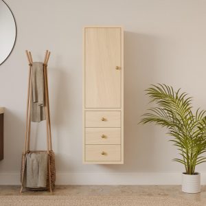 Maple Bathroom Linen Storage Cabinet with 3 Drawers, Tall