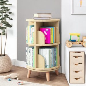 2 Tier 360 Rotating Bookshelf, Solid Wood Bookcase, Toddler Bookshelf, Industrial Bookcase, Wooden Bookshelf, Office Corner Bookcase