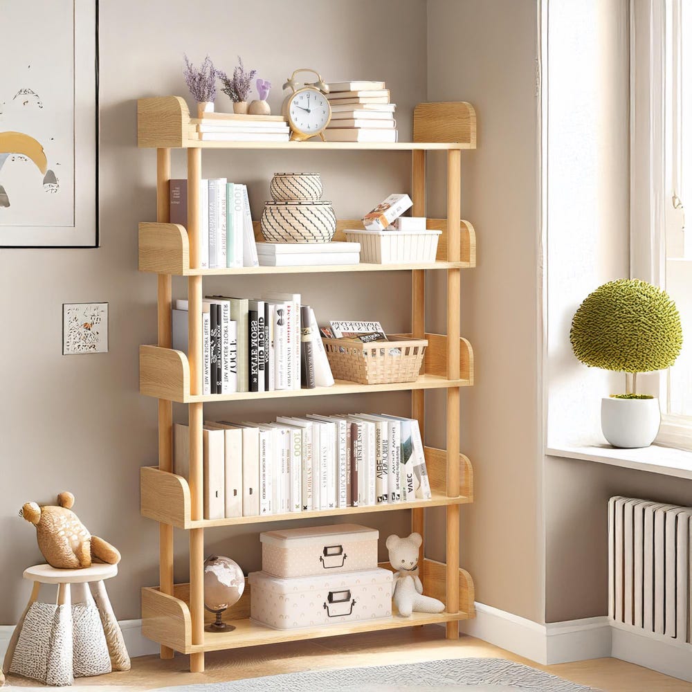 5-Tier Oak Bookcase, Solid Wood Bookcase, Lawyers Bookcase, Mid Century Bookcase, Floating Wood Shelf, Corner Wall Shelf, Floor Bookshelf - Image 2