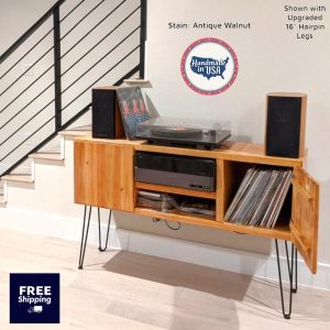 Tv and Record Player Stand Tv Stand with Record Storage Real Wood Furniture Record Player Tv Stand Gift for Music Lover Men Women