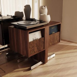 Walnut Record Player Stand with aluminum legs and walnut burl fronts in Mid Century Modern Style, Vinyl Storage, Turntable Stand