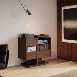 Walnut Record Player Stand with vinyl storage in Mid Century Modern Style, Media Console, Turntable Stand - LINDE