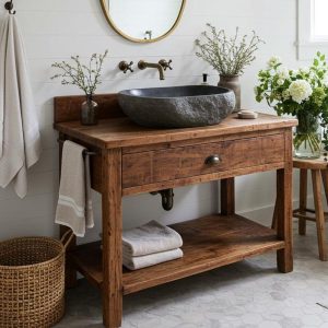 Farmhouse Sink Vanity with Drawer, Reclaimed Rustic Dark Wood, Handmade Bathroom Vanity Cabinet, Farmhouse Style, Gift for Woman
