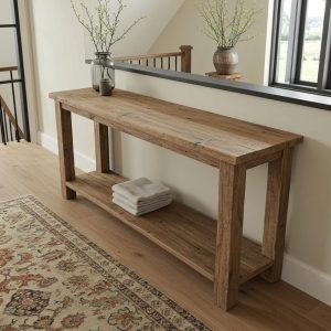 Reclaimed Wood Console Table with Shelf, Farmhouse Hallway Entryway Table Narrow, Customizable Handmade Sofa Table with Shelf for Wife