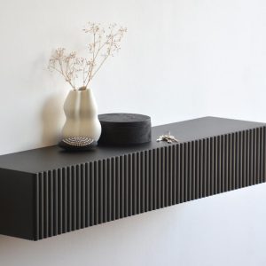 Black oak entryway shelf with FLUTED drawers / narrow entryway table