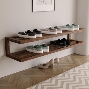 Rustic Floating Shoe Rack – 2-Tier Wooden Wall-Mounted Shelf for Entryway & Closet Storage