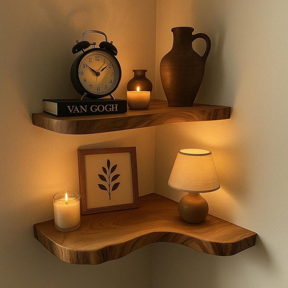 Rustic Wooden Corner Shelf – Handmade Natural Wall Shelf – Walnut Color Organic Edge Shelf - Image 3