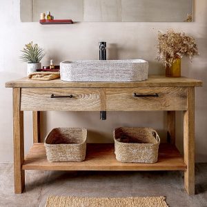 Custom Handmade Rustic Wooden Bathroom Vanity | Farmhouse Style Sink Shelf | Live Edge Handcrafted Unique Wood Table | Mid Century Cabinet