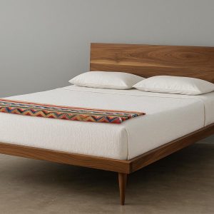 Mid-Century Modern Solid Wood Bed Frame – Queen Size Platform Bed with Walnut Finish and Headboard, Minimalist Bedroom Furniture