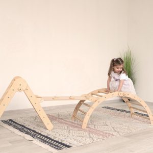 Adjustable 3-in-1 Wooden Baby Gym, Montessori Climber and Play Gym, Foldable Climbing Arch & Slide