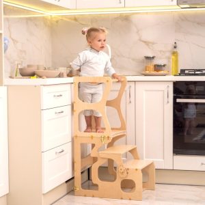 Montessori Step Stool with Back, Wooden Learning Tower, Kids Activity Chair, Child's Kitchen Assistant Stool, Toddler Standing Stool
