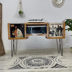 Vinyl Record Stand and Storage Wood Record Player Stand with Storage Record Console Player Amp Stand Vinyl Stand Customizable USA Handmade