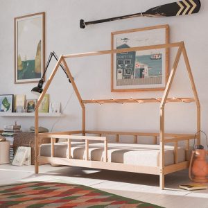 Wooden Toddler Bed with Rails, Solid Wood Kids Bed with Fixed Front Guard Rail , Montessori  Bed Frame, Eco-Friendly House Bed, Nursery Bed