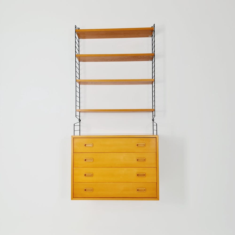Wall-mounted original Swedish string shelf system, drawers, bookcase Ash wood by Nils & Kajsa Strinning, 1960s - Image 4