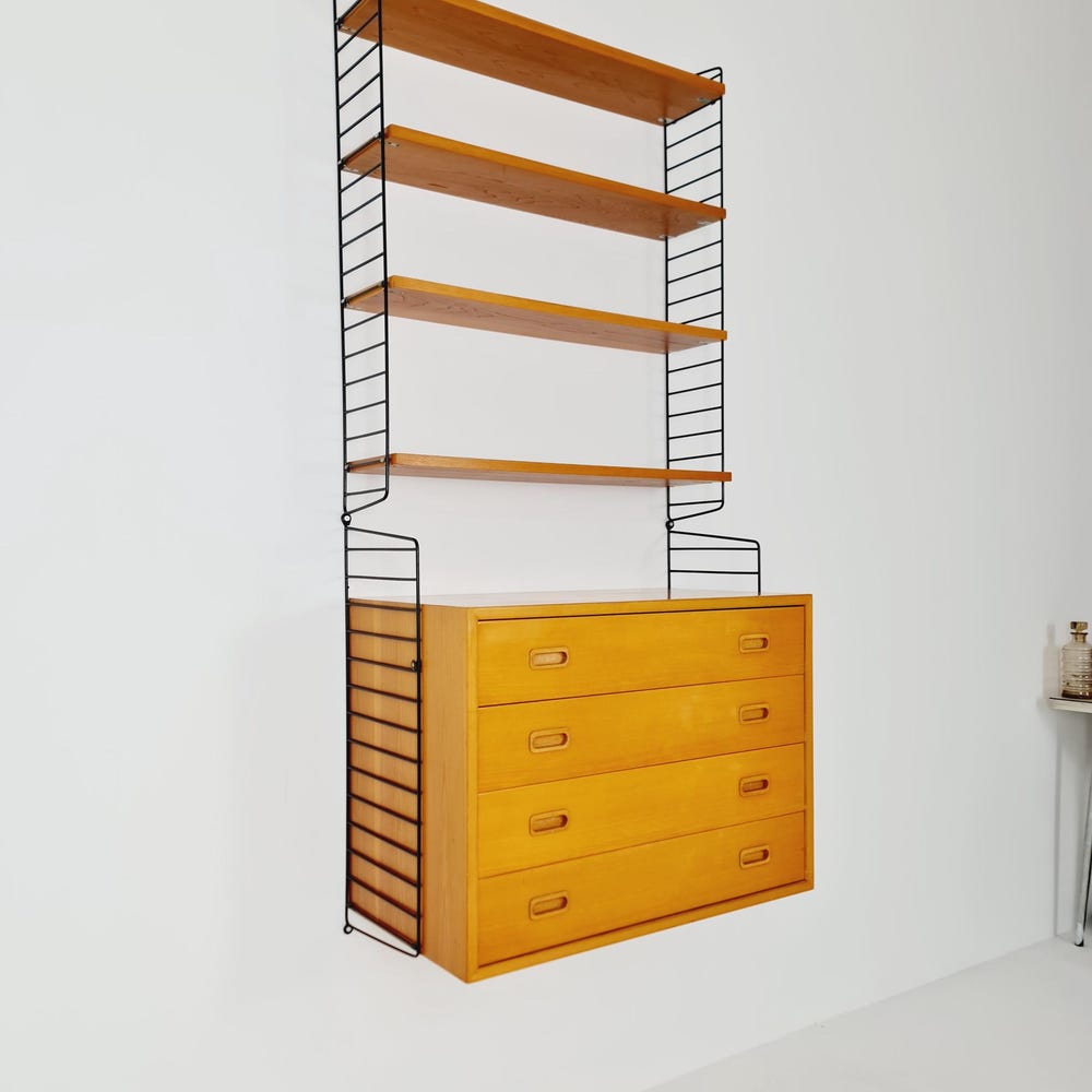 Wall-mounted original Swedish string shelf system, drawers, bookcase Ash wood by Nils & Kajsa Strinning, 1960s - Image 5