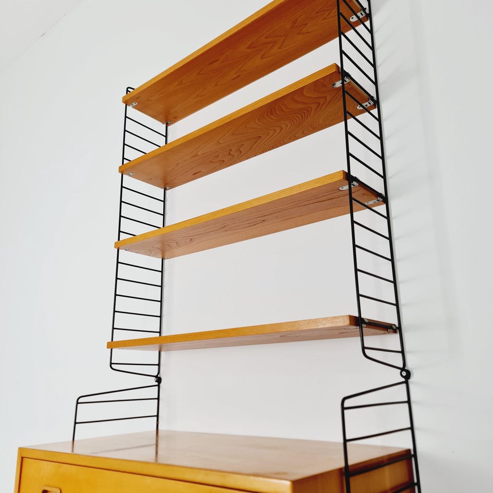 Wall-mounted original Swedish string shelf system, drawers, bookcase Ash wood by Nils & Kajsa Strinning, 1960s - Image 6