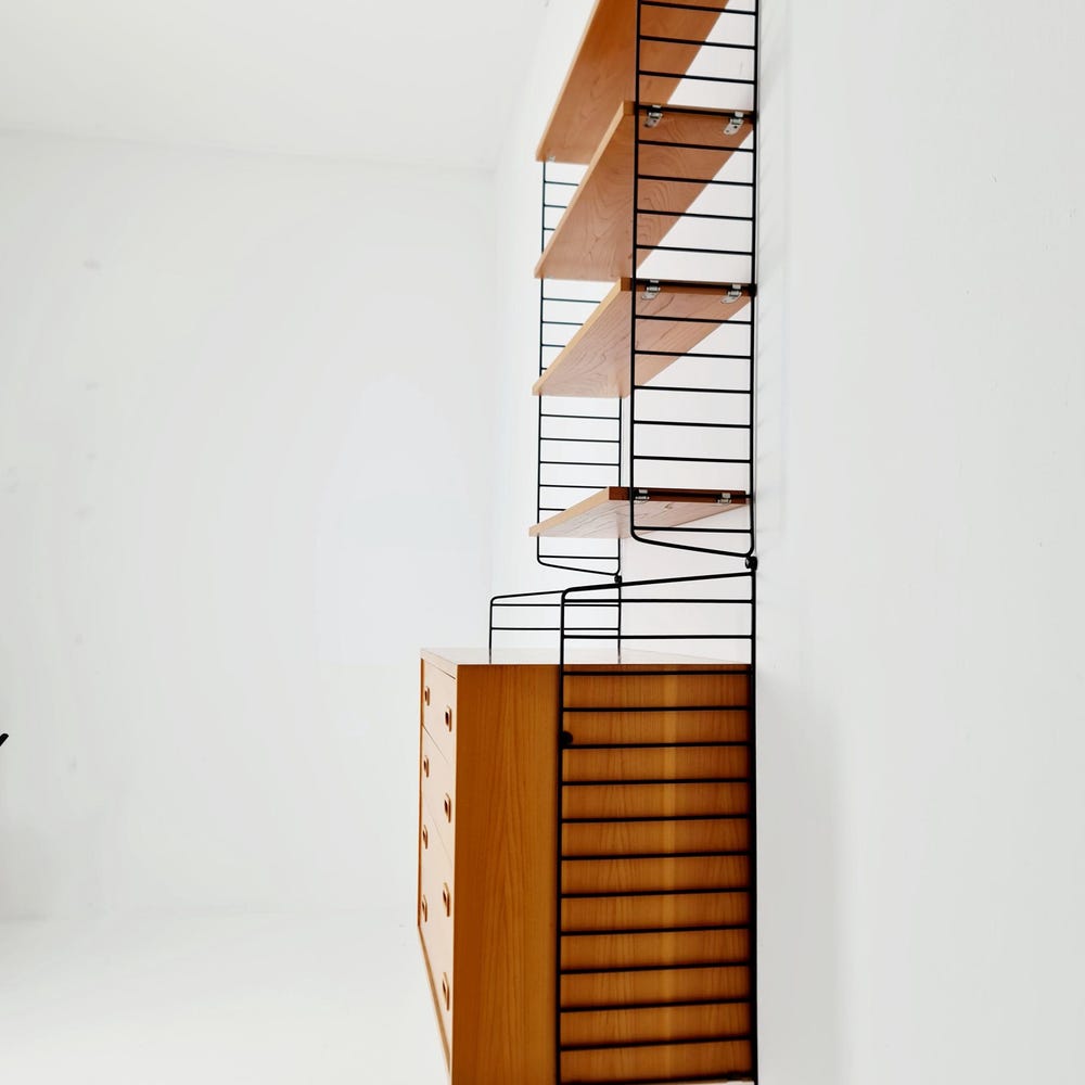 Wall-mounted original Swedish string shelf system, drawers, bookcase Ash wood by Nils & Kajsa Strinning, 1960s - Image 11