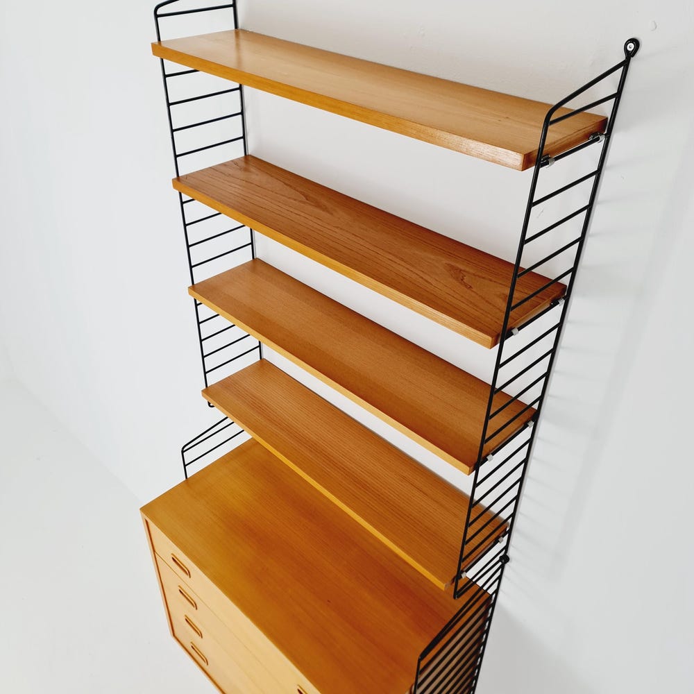 Wall-mounted original Swedish string shelf system, drawers, bookcase Ash wood by Nils & Kajsa Strinning, 1960s - Image 9