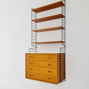 Wall-mounted original Swedish string shelf system, drawers, bookcase Ash wood by Nils & Kajsa Strinning, 1960s