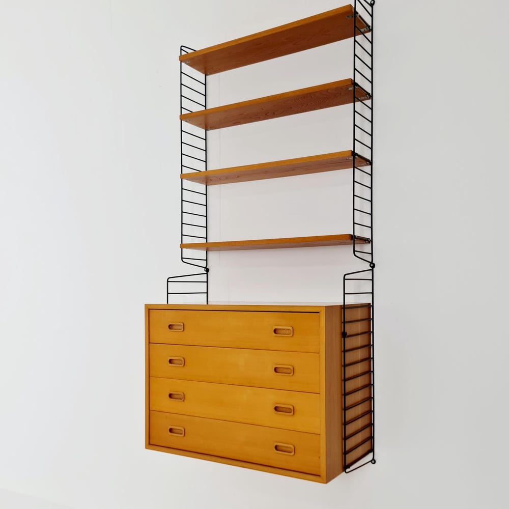 Wall-mounted original Swedish string shelf system, drawers, bookcase Ash wood by Nils & Kajsa Strinning, 1960s