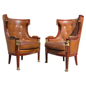 Pair Empire Style Mahogany Bergères – French Gilt Bronze & Leather Armchairs, Circa 1900,Antique Accent Chairs,Mid Century Chairs,Home Decor
