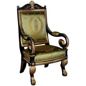Napoleonic Empire Swan Chair – 20th Century Beechwood Gilt Carved Armchair with Laurel & Amphora Upholstery, Mid Century Chairs, Home Decor