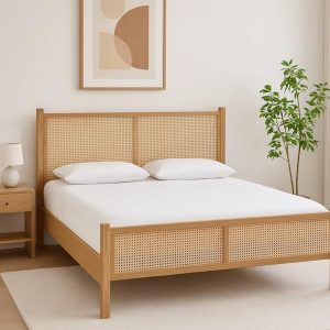 Teak Wood Rattan Bed Frame – Handmade Cane Platform Bed in Twin, Full, Queen, King, Cal King – Boho Japandi Bedroom Furniture